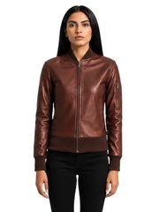 Women's maroon sheepskin leather jacket, front view