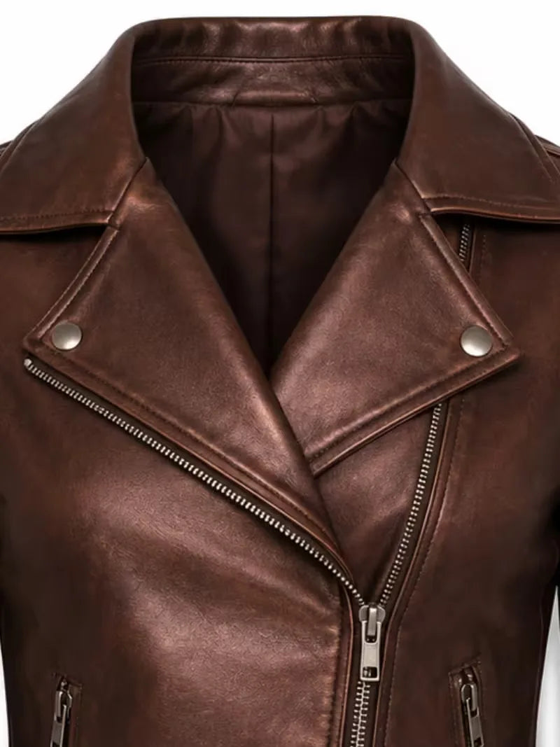 Women's black sheepskin leather jacket, zip and closure detail