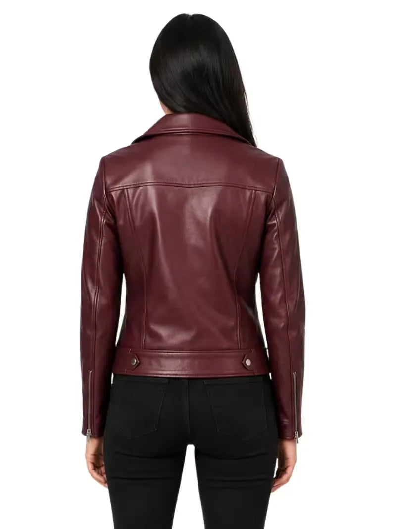 Women's black sheepskin leather jacket, collar detail