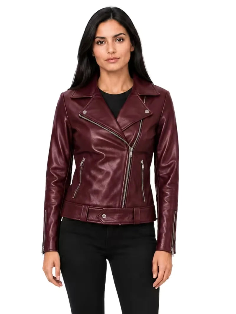 Women's black sheepskin leather jacket, side view