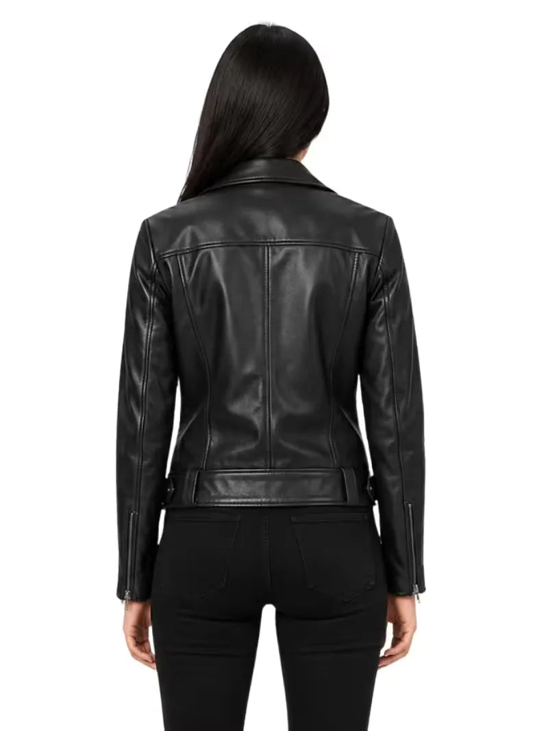 Women's black sheepskin leather jacket, back view