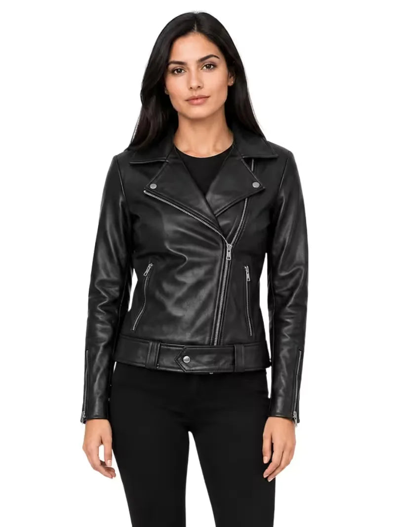 Women's black sheepskin leather jacket, front view