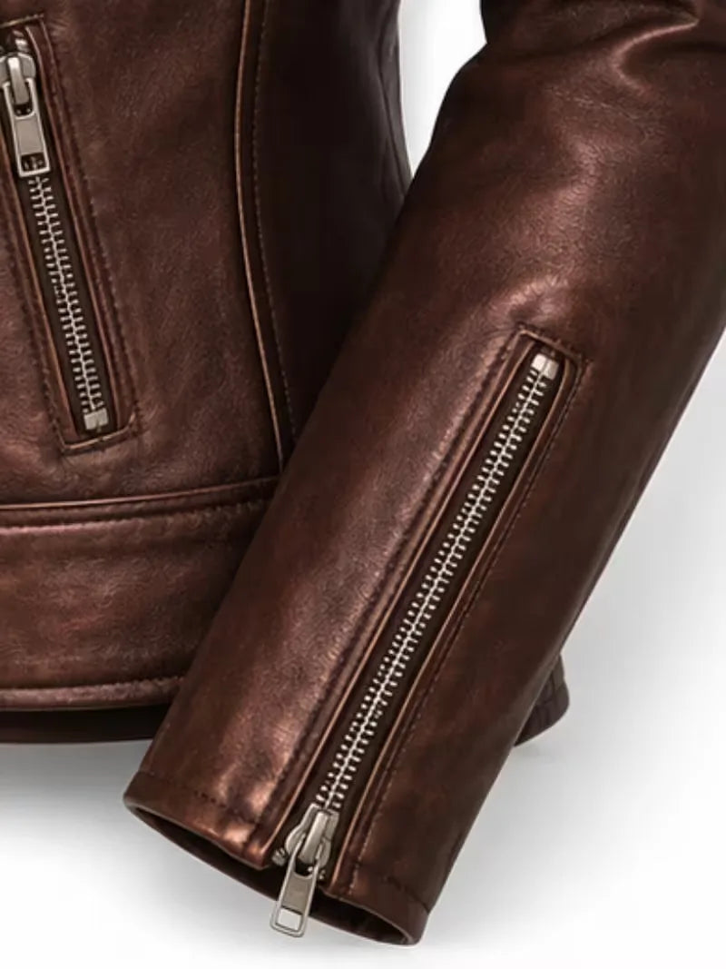 Women's black sheepskin leather jacket, lining detail