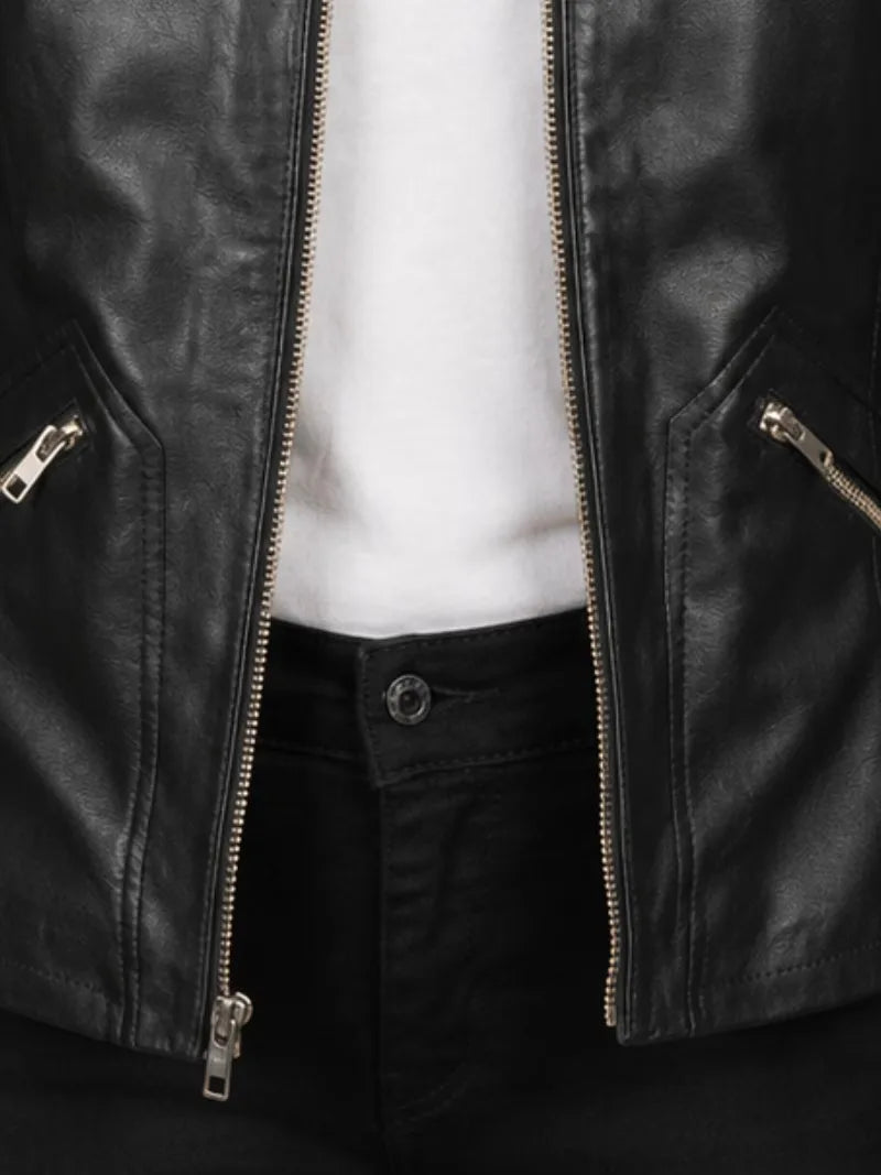 Women's black sheepskin leather shirt jacket, pocket detail