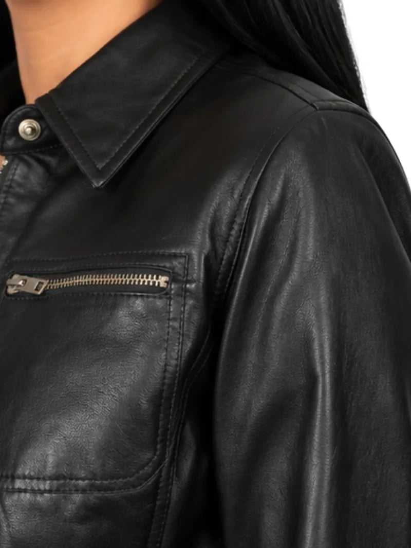 Women's black sheepskin leather shirt jacket, cuff detail