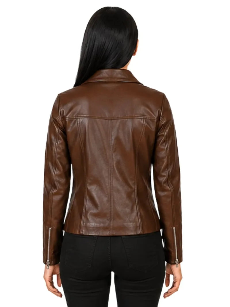 Women's black sheepskin leather shirt jacket, collar detail