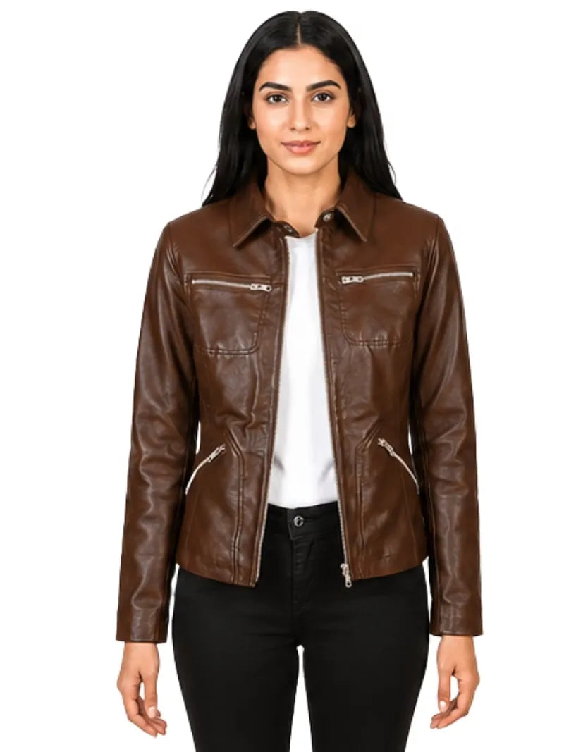Women's black sheepskin leather shirt jacket, side view