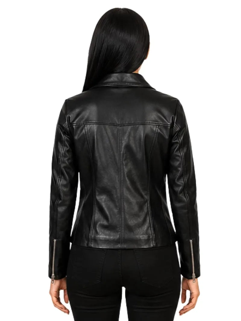 Women's black sheepskin leather shirt jacket, back view