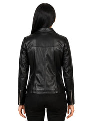 Women's black sheepskin leather shirt jacket, back view