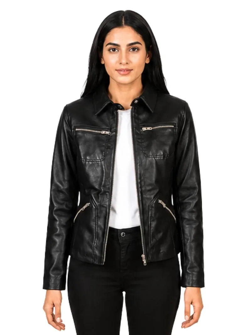 Women's black sheepskin leather shirt jacket, front view