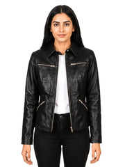 Women's black sheepskin leather shirt jacket, front view