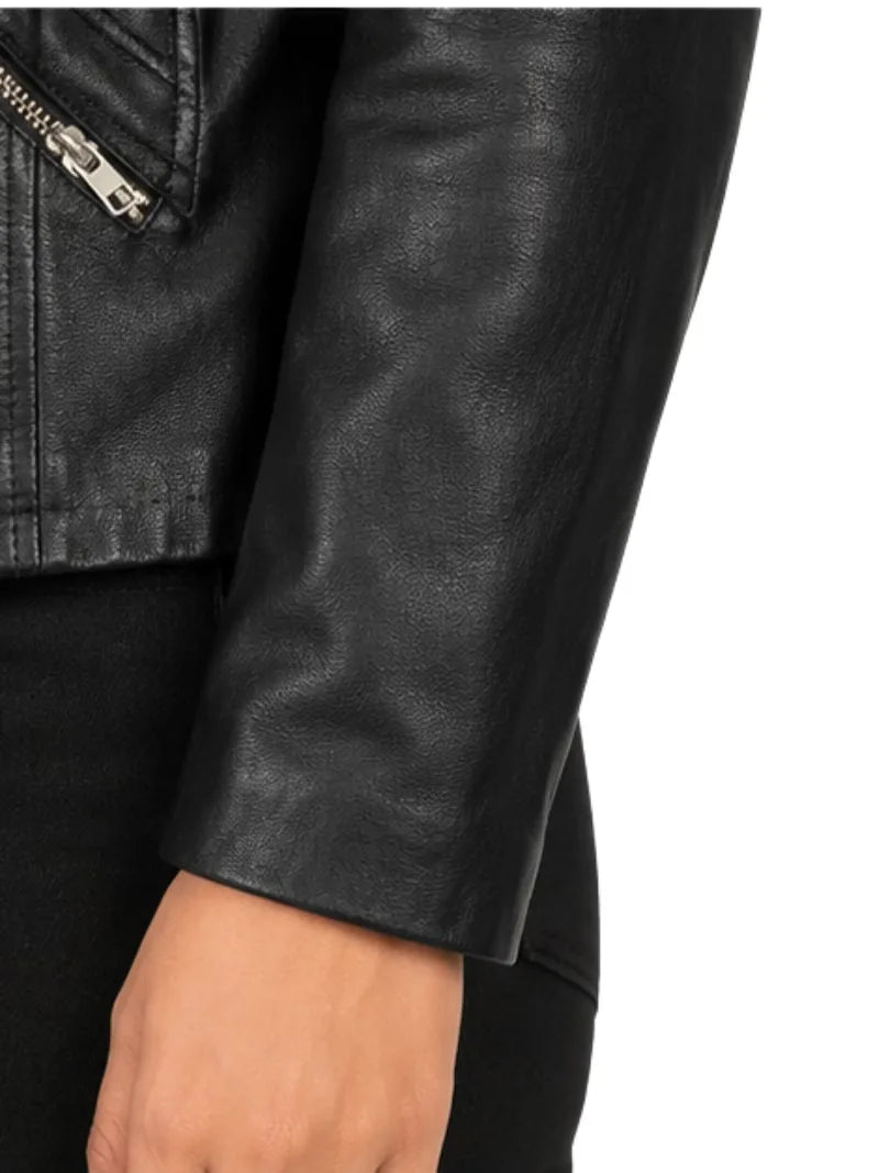 Women's black sheepskin leather shirt jacket, lining detail