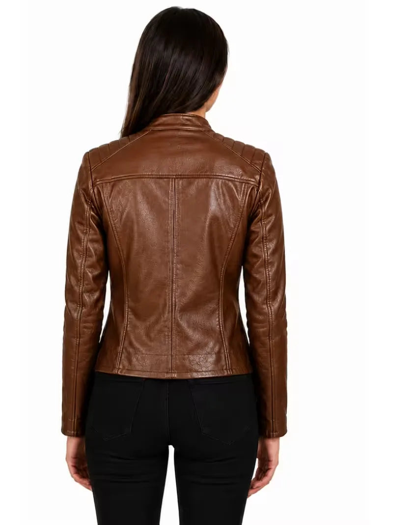 Women's black sheepskin leather jacket, collar detail