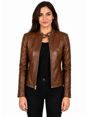 Women's black sheepskin leather jacket, side view