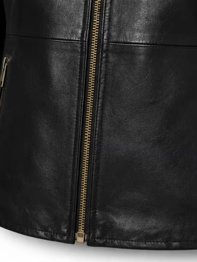 Women's black sheepskin leather jacket, pocket detail