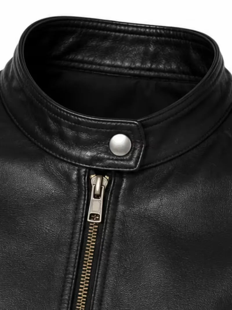 Women's black sheepskin leather jacket, zip and closure detail