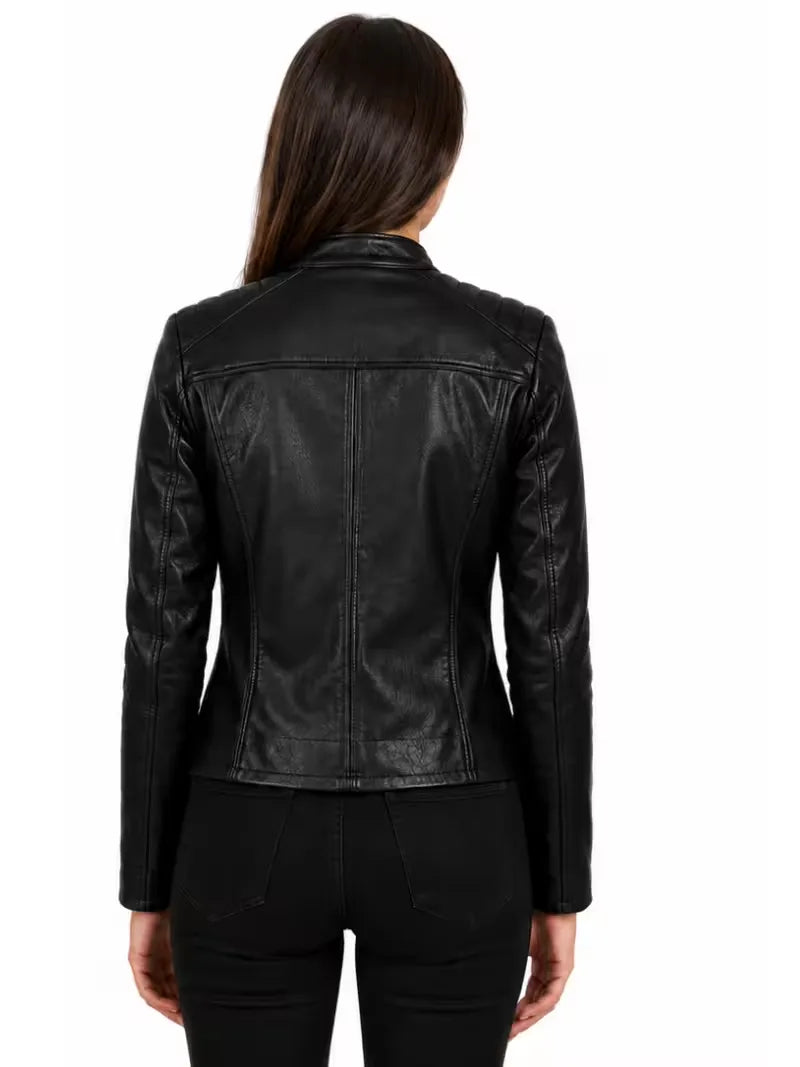 Women's black sheepskin leather jacket, back view