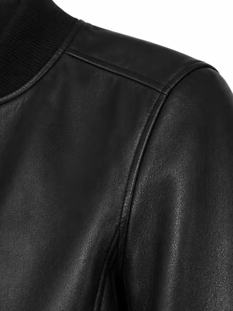 Women's black sheepskin leather jacket, cuff detail
