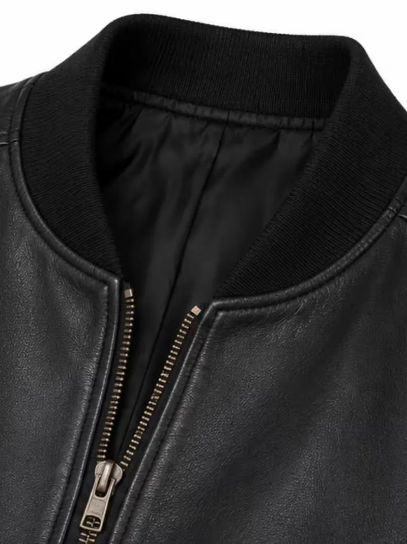 Women's black sheepskin leather jacket, zip and closure detail
