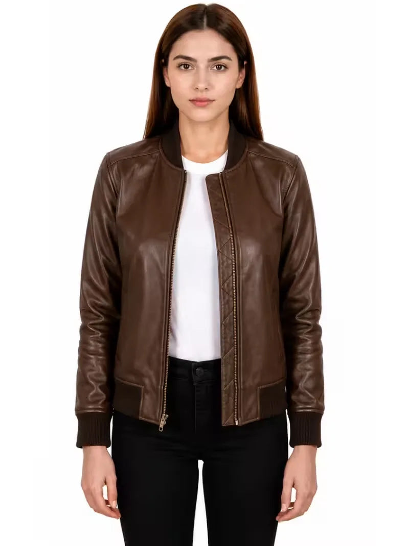 Women's black sheepskin leather jacket, side view