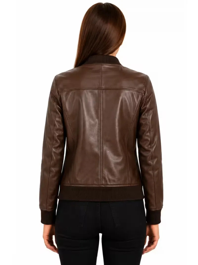Women's black sheepskin leather jacket, collar detail