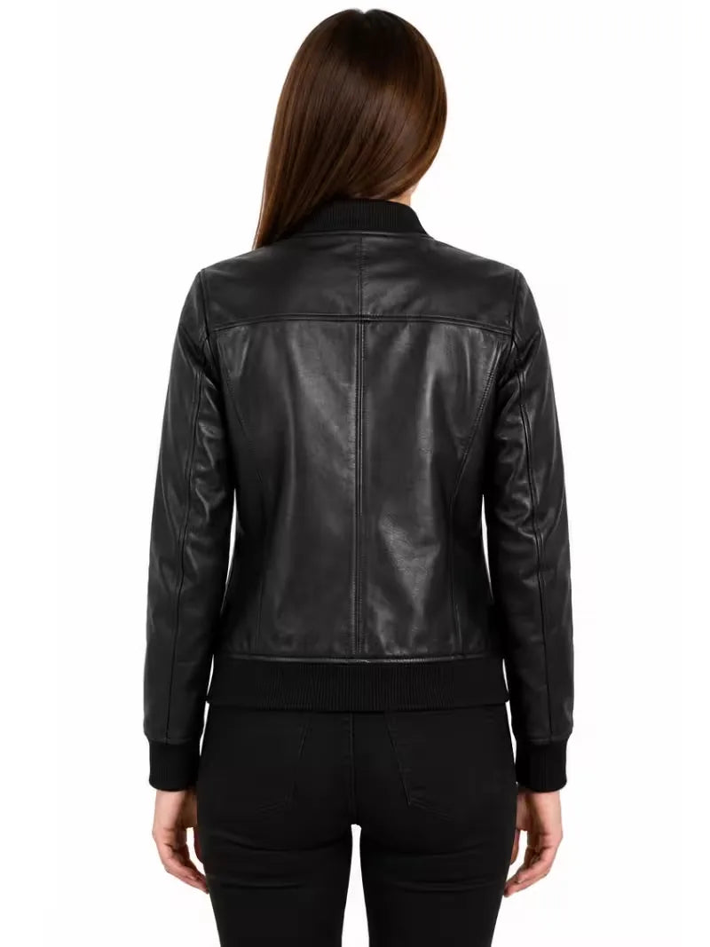 Women's black sheepskin leather jacket, back view