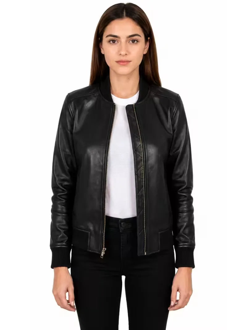 Women's black sheepskin leather jacket, front view