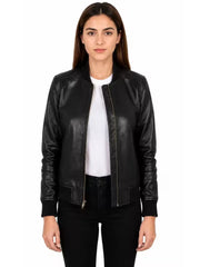 Women's black sheepskin leather jacket, front view