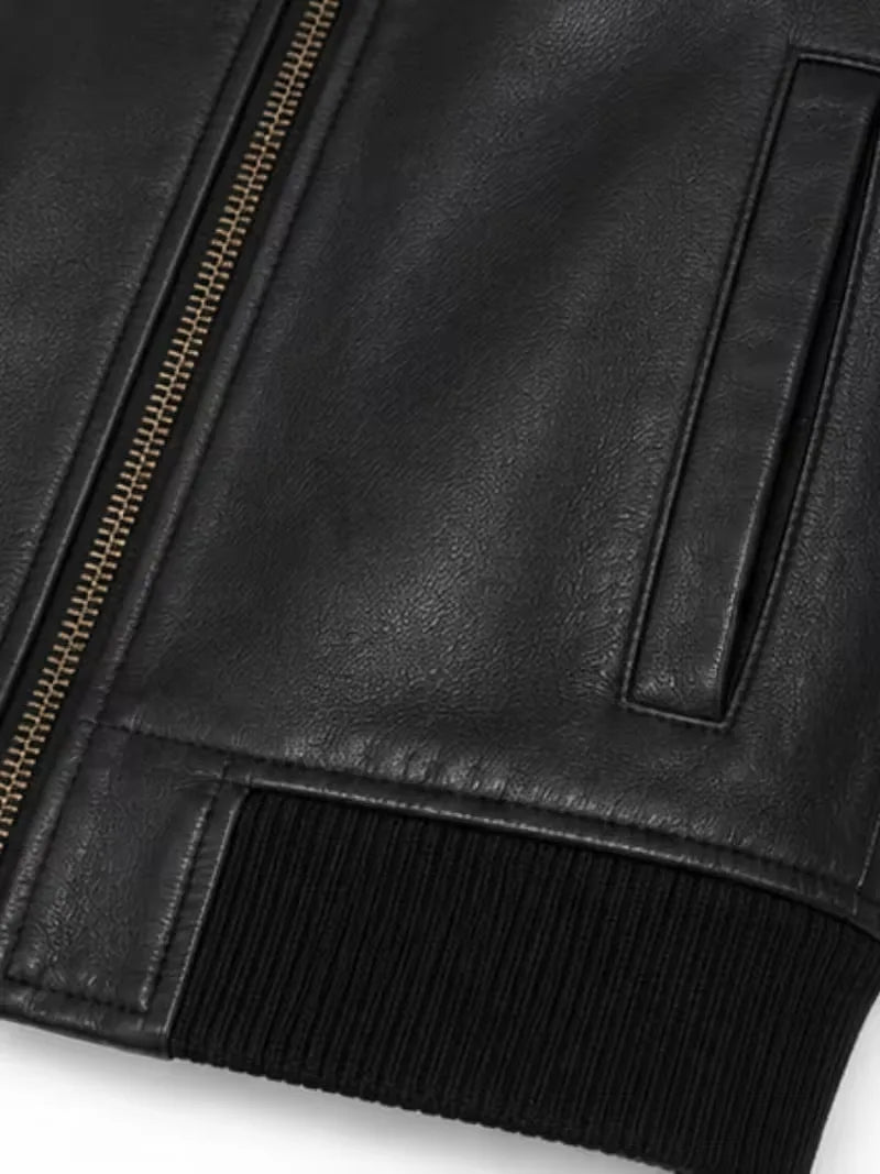 Women's black sheepskin leather jacket, pocket detail