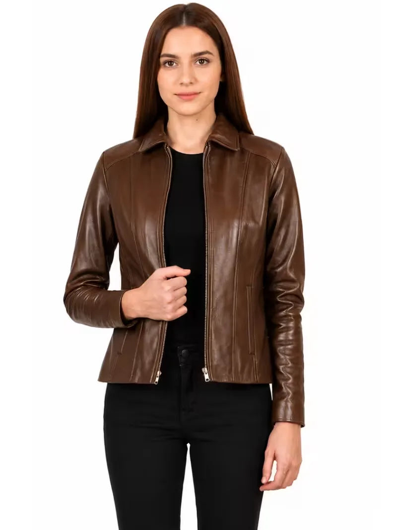 Women's as shown leather leather shirt jacket, side view