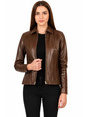 Women's as shown leather leather shirt jacket, side view