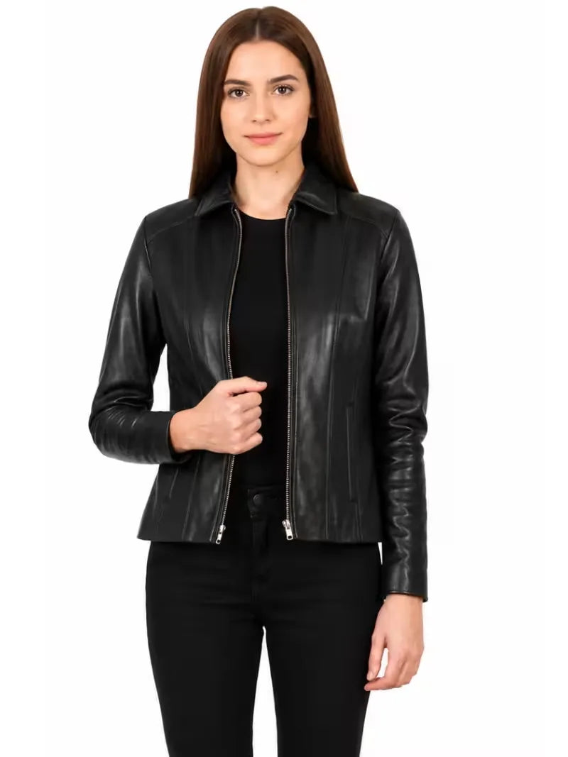 Women's as shown leather leather shirt jacket, front view