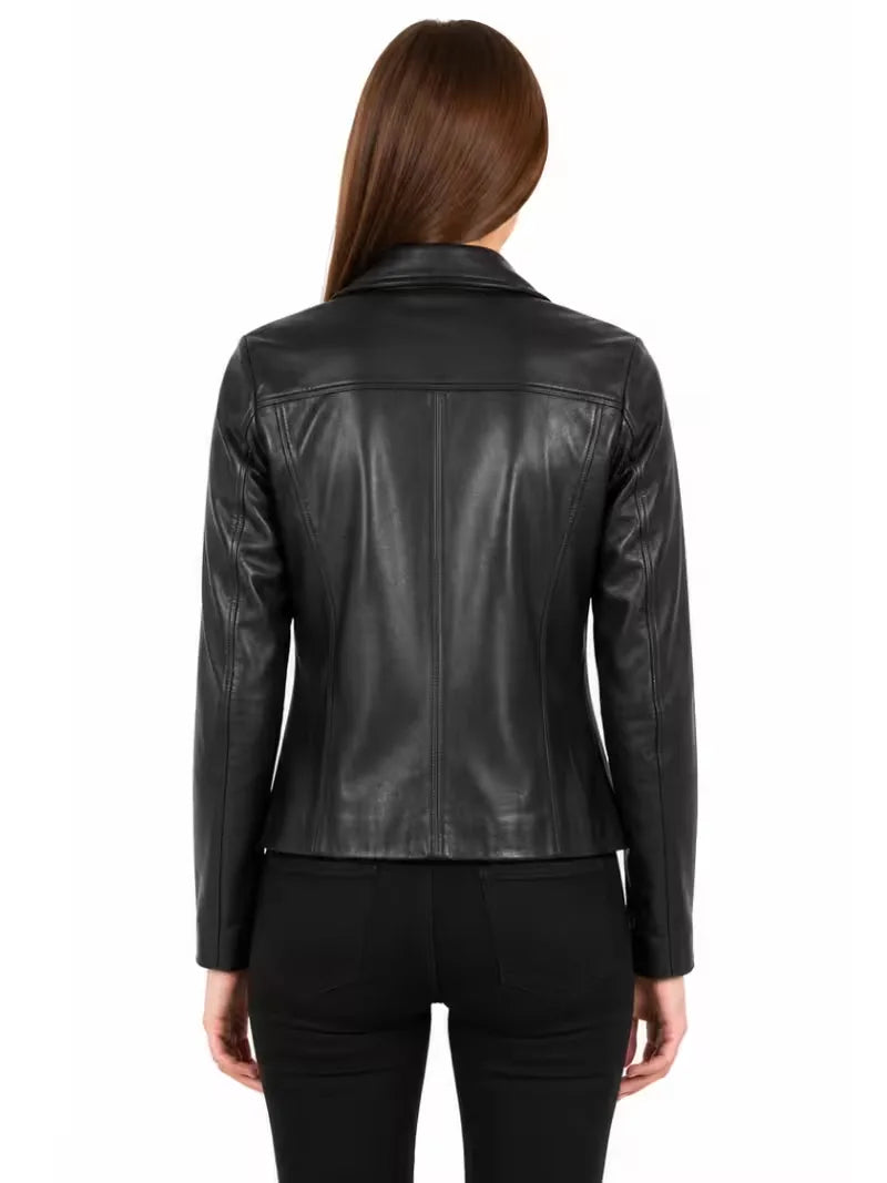 Women's as shown leather leather shirt jacket, back view