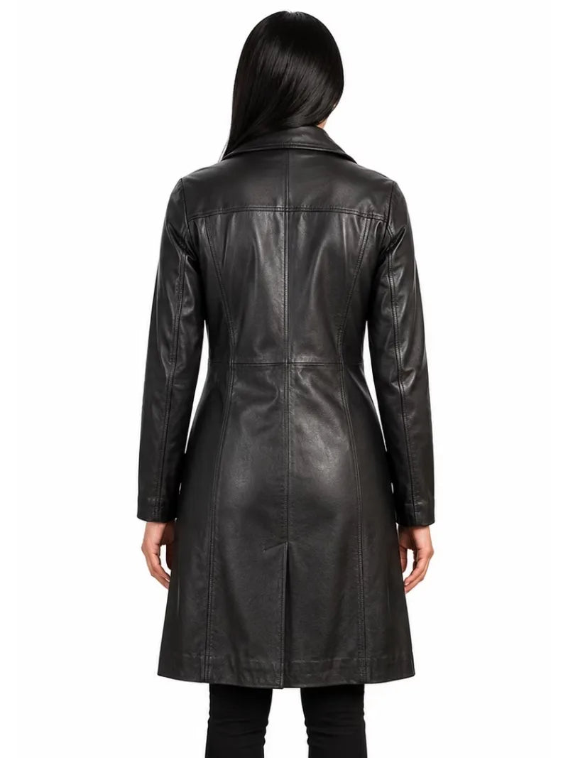 Women's black sheepskin leather coat, back view