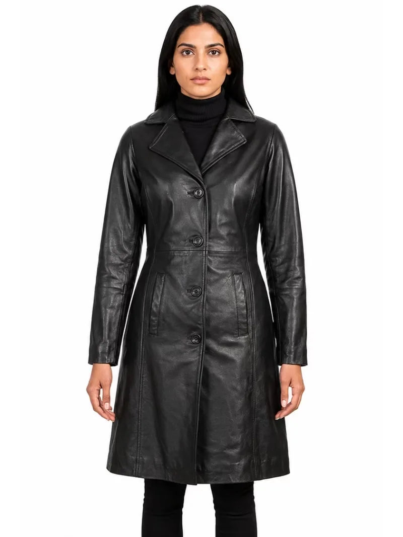 Women's black sheepskin leather coat, front view