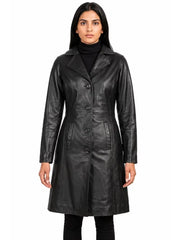 Women's black sheepskin leather coat, front view
