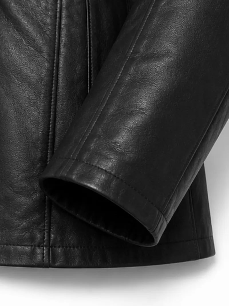 Women's black sheepskin leather coat, lining detail