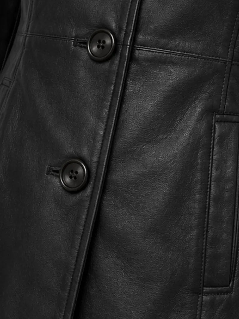 Women's black sheepskin leather coat, pocket detail