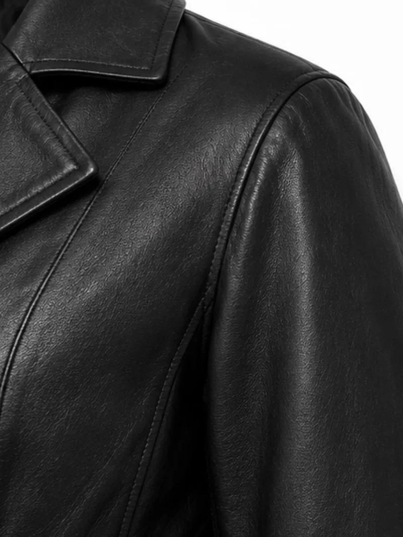Women's black sheepskin leather coat, cuff detail