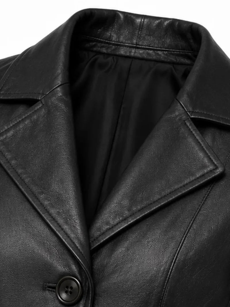 Women's black sheepskin leather coat, zip and closure detail