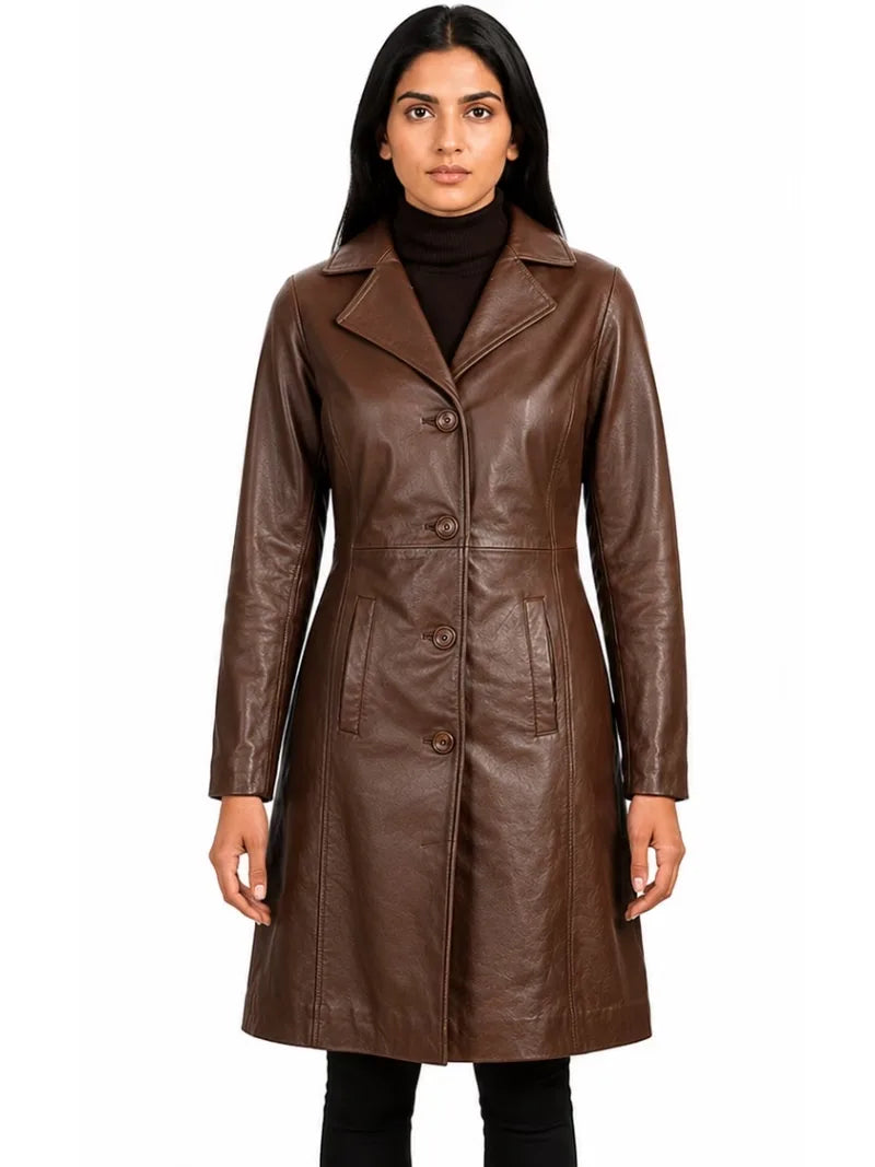 Women's black sheepskin leather coat, side view