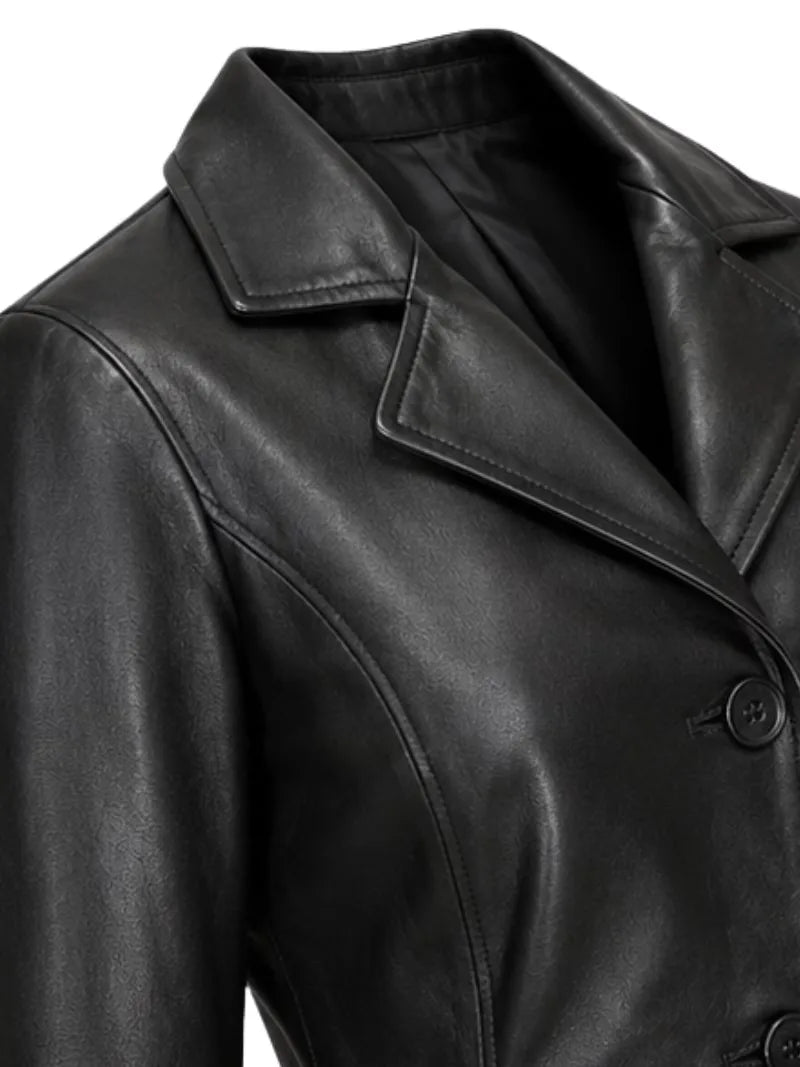 Women's black premium real leather coat, pocket detail