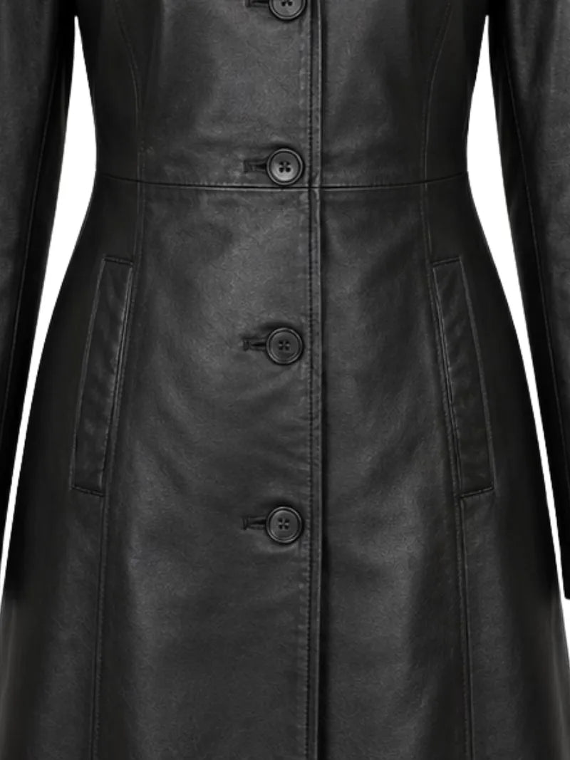 Women's black premium real leather coat, cuff detail
