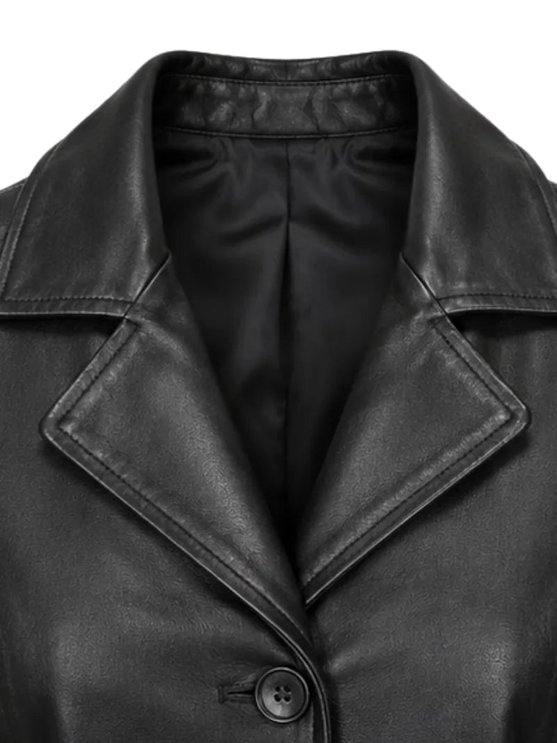 Women's black premium real leather coat, zip and closure detail