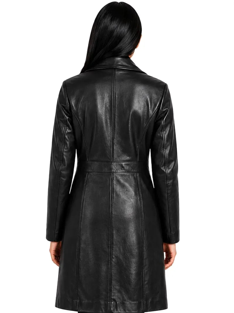 Women's black premium real leather coat, back view