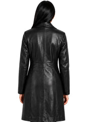 Women's black premium real leather coat, back view