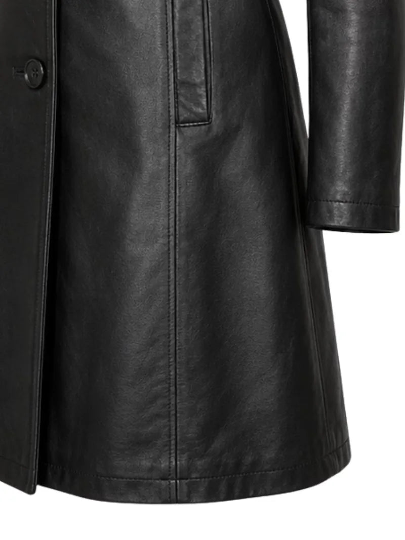 Women's black premium real leather coat, lining detail