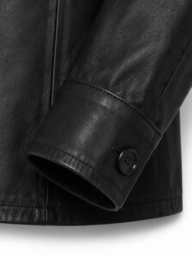 Women's black sheepskin leather shirt jacket, lining detail