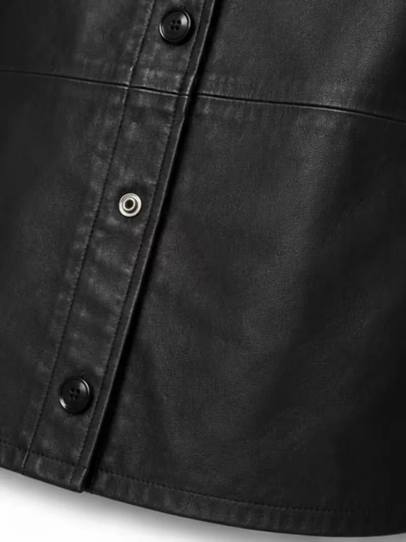 Women's black sheepskin leather shirt jacket, pocket detail