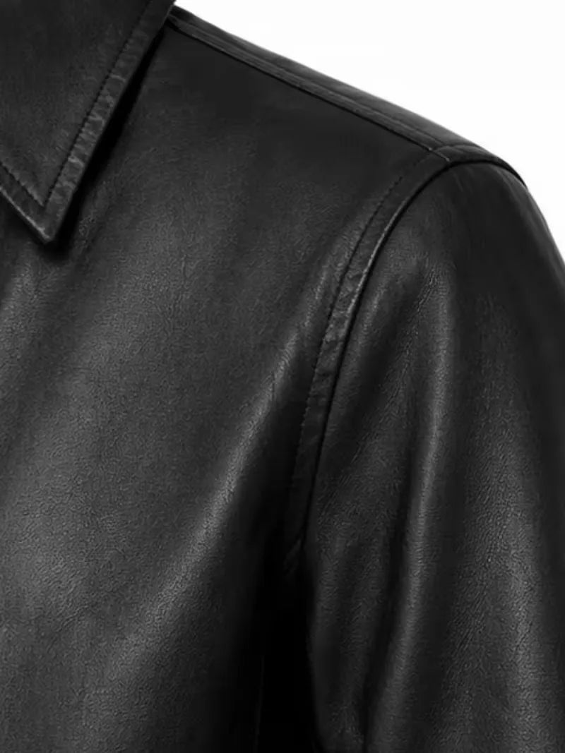 Women's black sheepskin leather shirt jacket, cuff detail